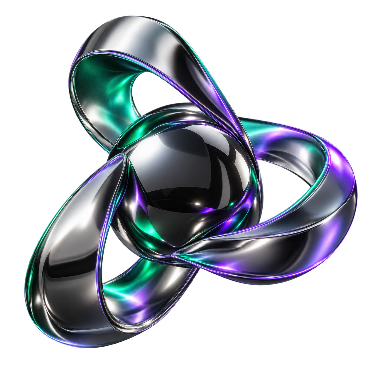 Polished chrome intelligence core wrapped in flowing mint and violet signal ribbons