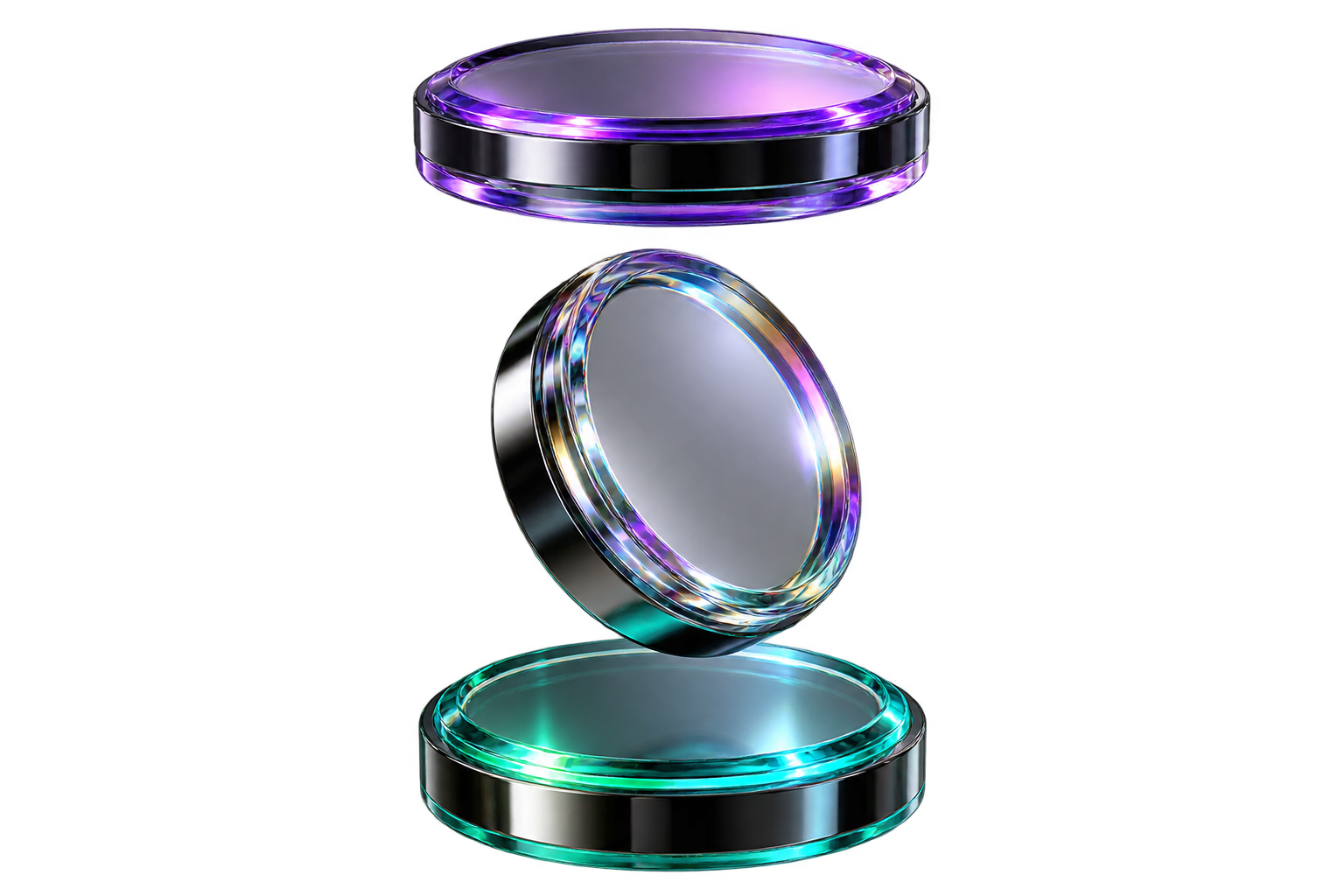 Three polished token discs separating to illustrate a proposed token launch